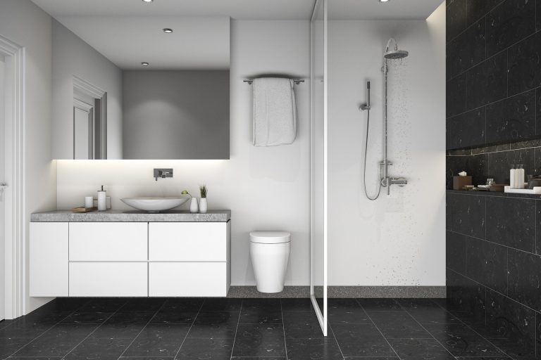 An image of 3d rendering black tile shower and bathroom put on by Palouse Floors